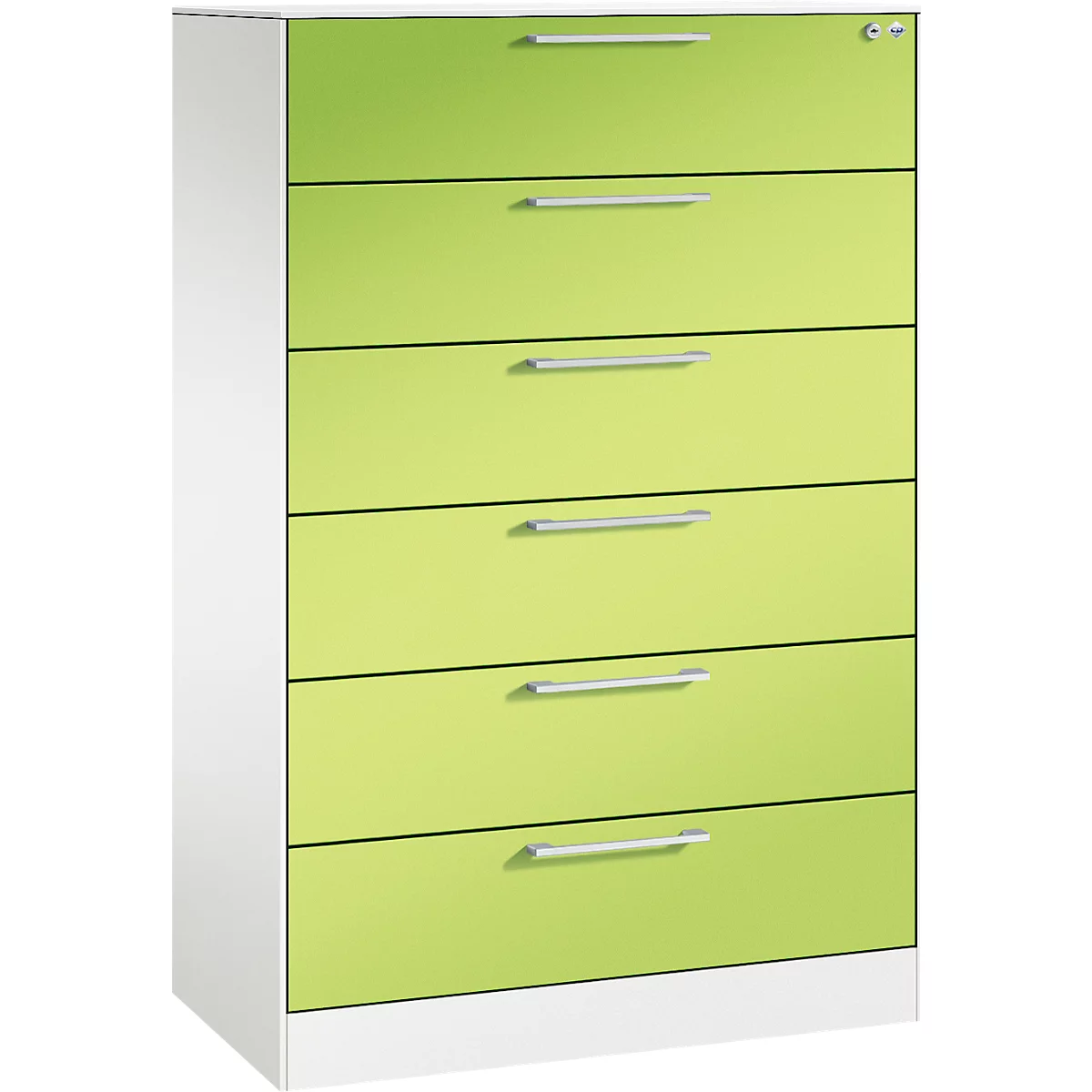 Een groene archiefkast met zes laden. De handgrepen zijn zilver, de zijkanten wit.