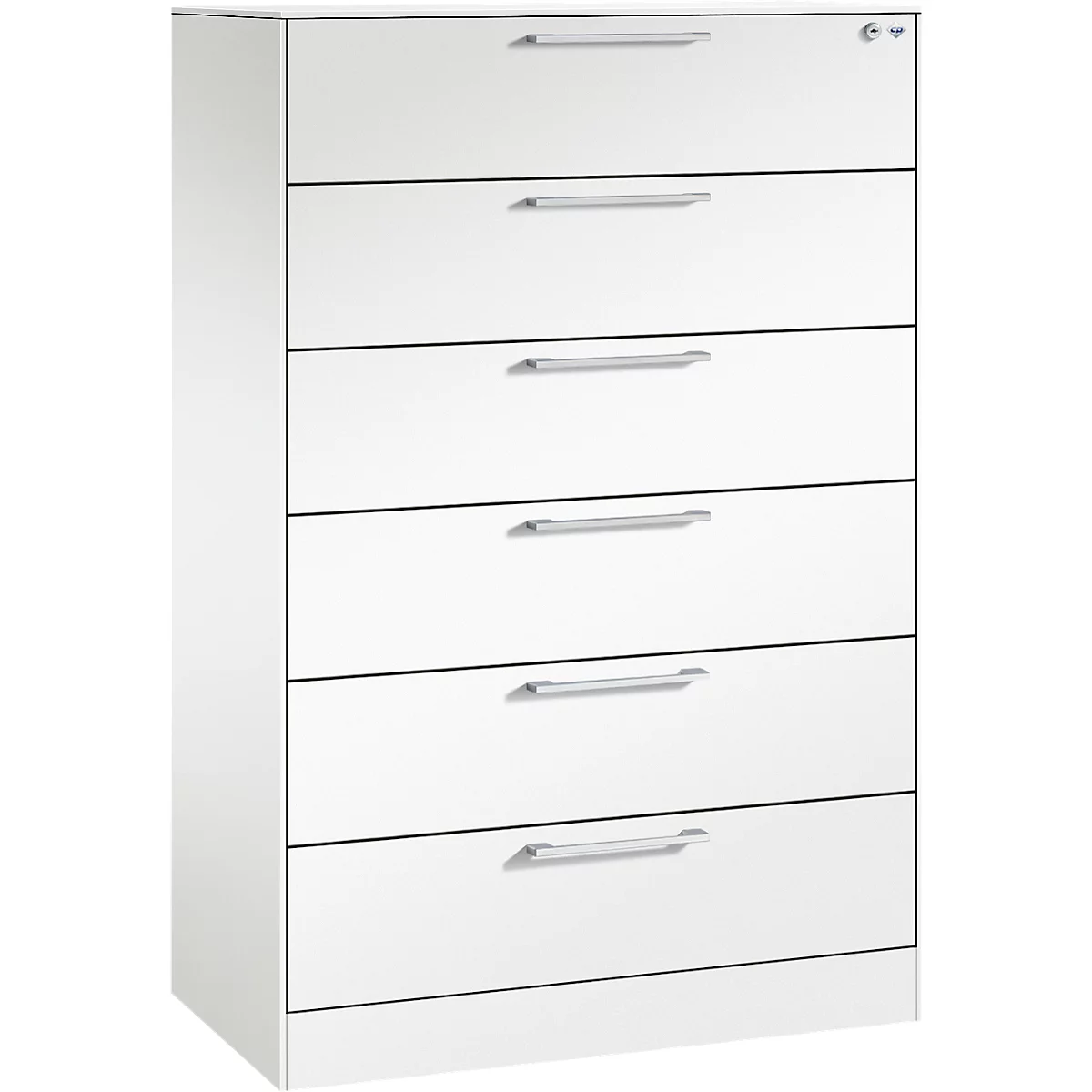 Witte archiefkast met zes lades. Elke lade heeft een zilverkleurige handgreep.