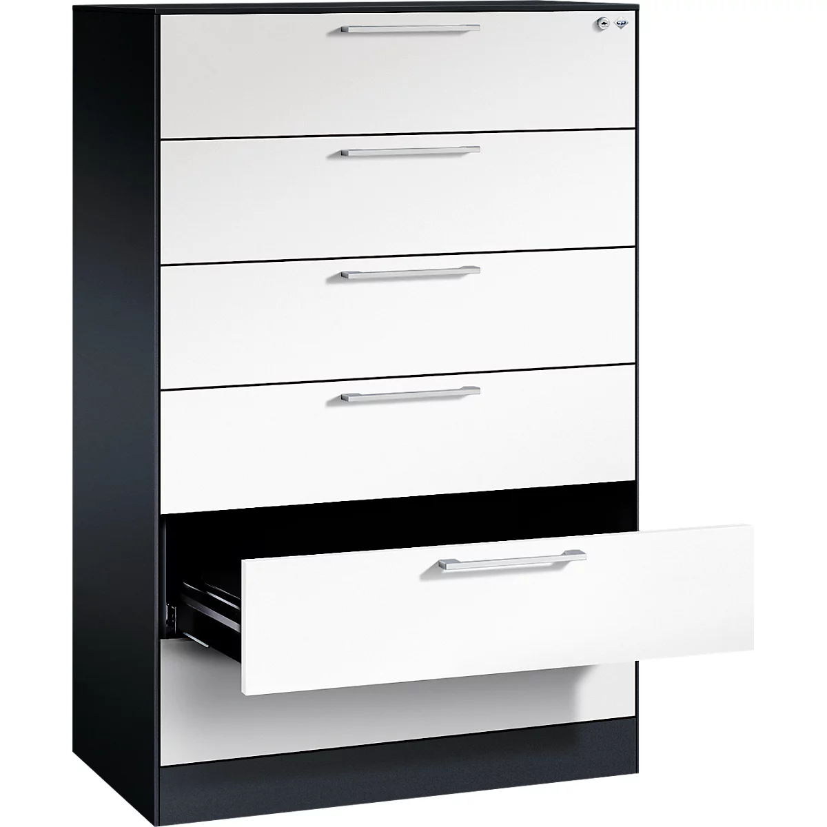 Kaartenbak, 3-voudig voor A5 liggend, 6 laden met volledig uittrekbare en beugelgrepen, centrale vergrendeling, B 800 x D 435 x H 1298 mm, zwart-grijs/wit