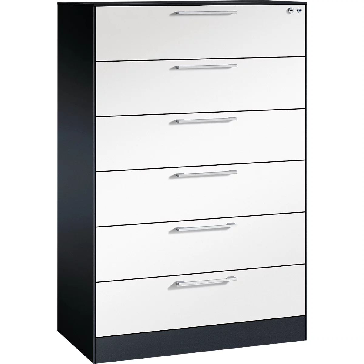 Kaartenbak, 3-voudig voor A5 liggend, 6 laden met volledig uittrekbare en beugelgrepen, centrale vergrendeling, B 800 x D 435 x H 1298 mm, zwart-grijs/wit