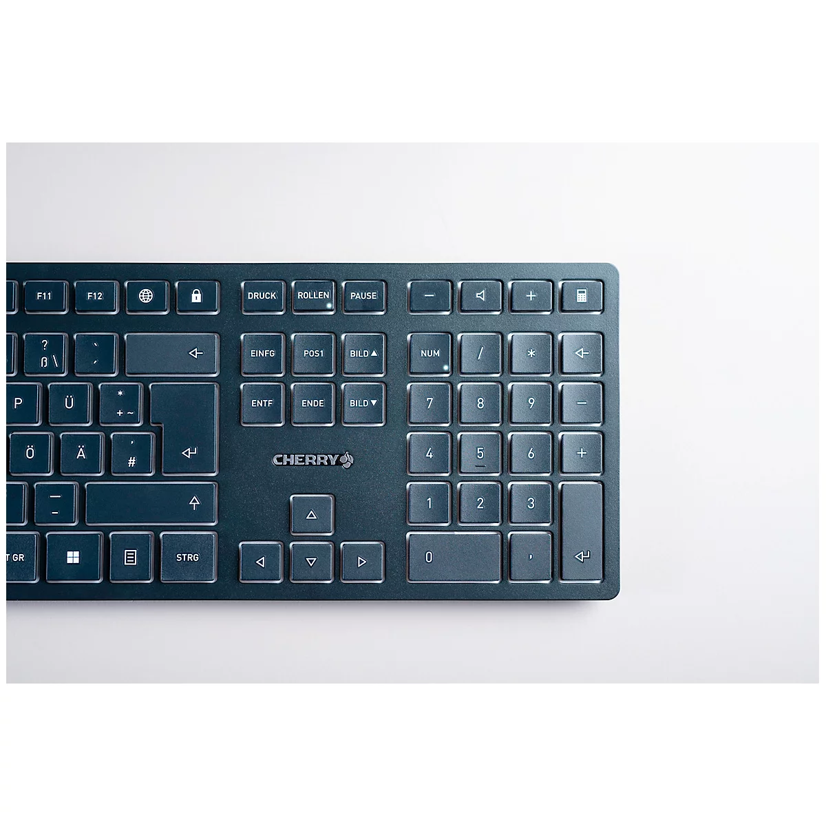 Kabellose Tastatur Cherry KW 9100 SLIM, QWERTZ, Bluetooth/USB-Kabel, B 440 x T 130 x H 15 mm, schwarz-silber