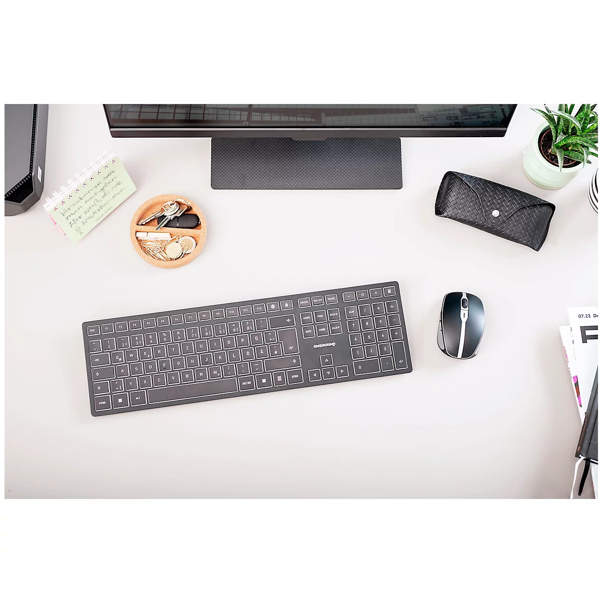 Kabellose Tastatur Cherry KW 9100 SLIM, QWERTZ, Bluetooth/USB-Kabel, B 440 x T 130 x H 15 mm, schwarz-silber