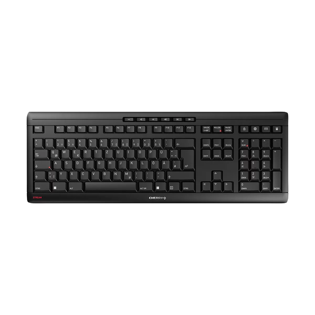Kabellose Tastatur Cherry STREAM KEYBOARD WIRELESS, QWERTZ, Ziffernblock, 10 Zusatztasten, bis 10 m, USB-A, Blauer Engel, schwarz