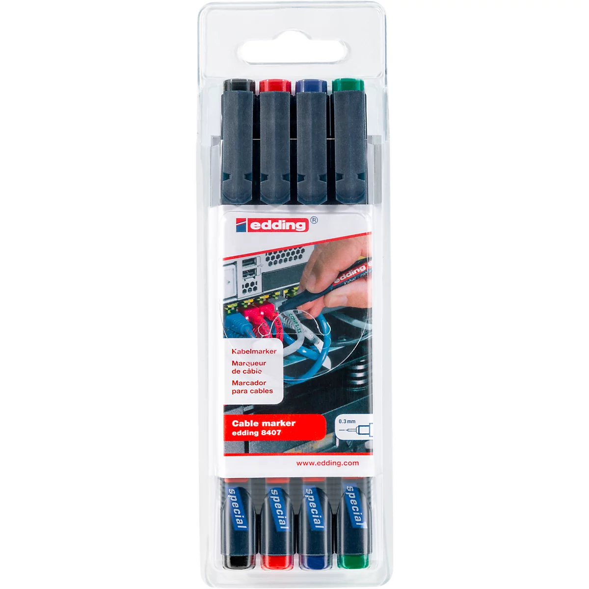 Vier Kabelmarkierer in einer Verpackung. Schwarzer Körper, farbige Kappen (Schwarz, Rot, Blau, Grün). Beschriftung auf der Verpackung.