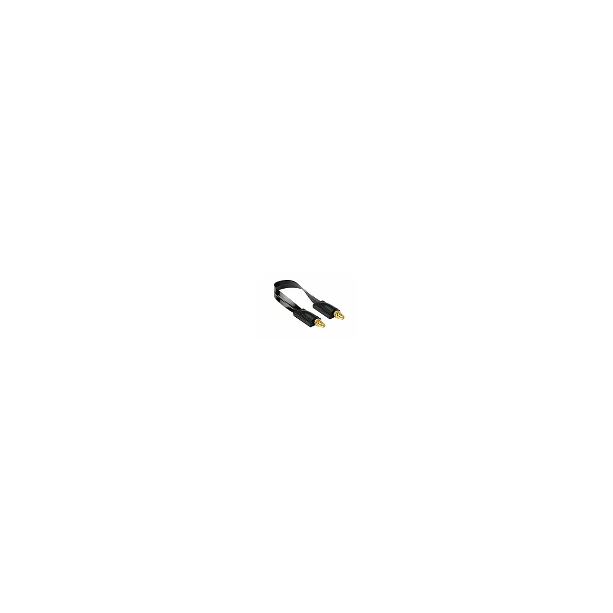 Ein schwarzes, flaches Audiokabel mit vergoldeten Anschlüssen.