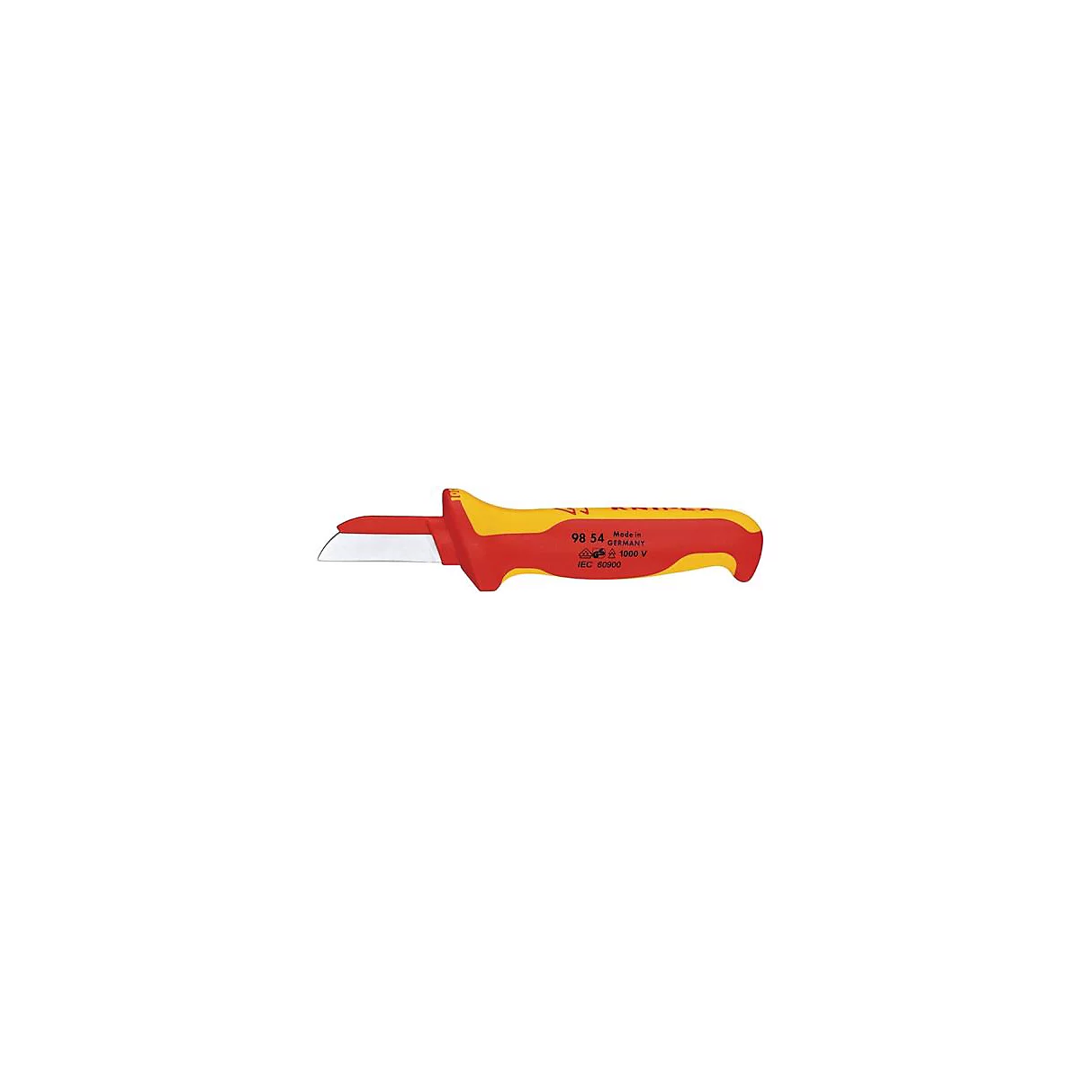 Rood en geel elektricien gereedschap. Lemmet zilver, handvat gemarkeerd met 'KNIPEX', '98 54', 'Made in Germany'.