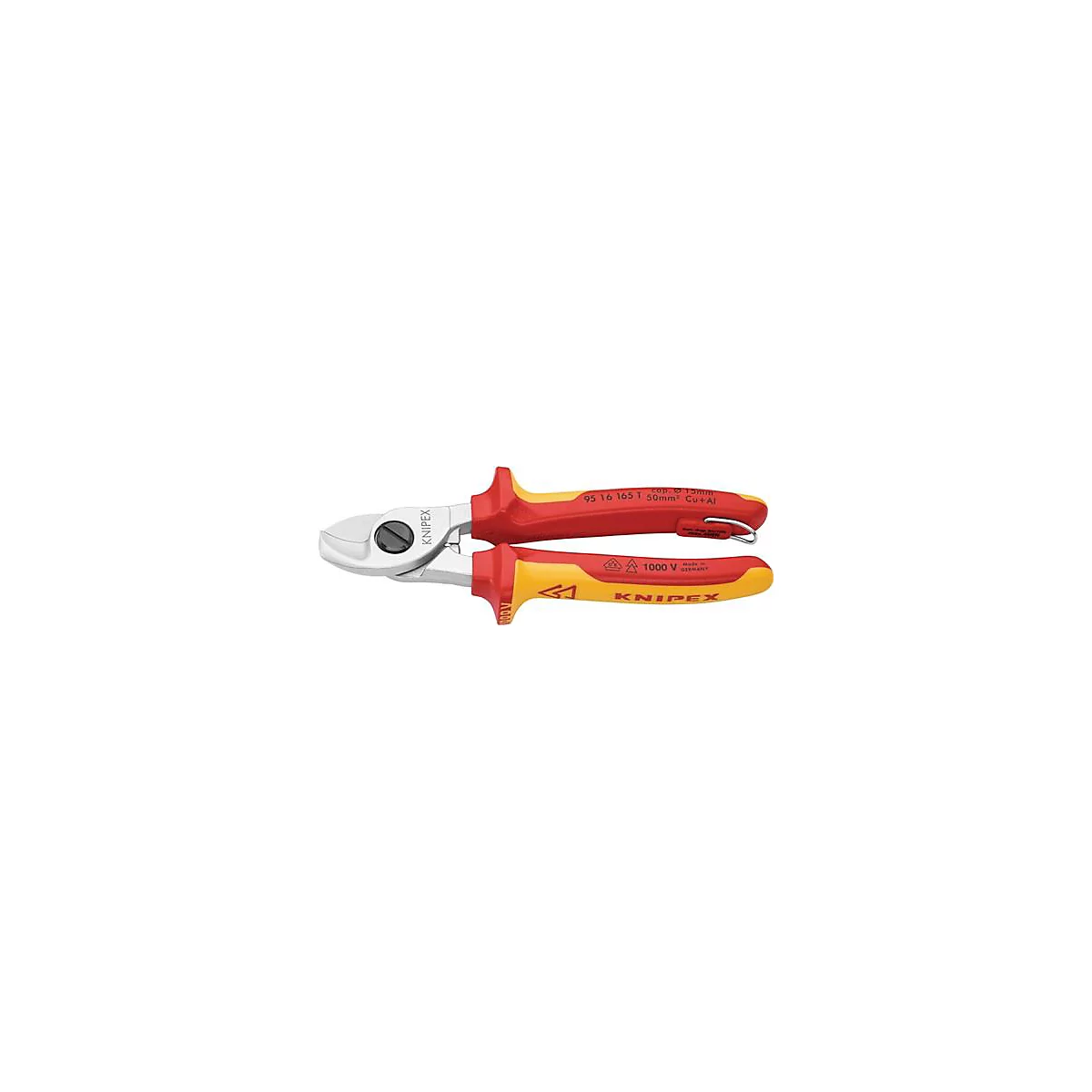 Rood-gele Knipex kabelsnijder. De snijbekken zijn zilverkleurig, de handgreep rood en geel met opschrift en het Knipex-logo.