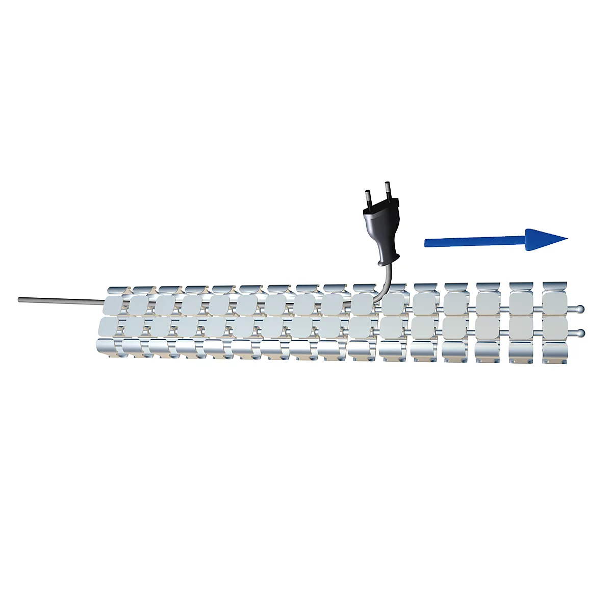 Silver power cable being plugged into a chain link with a blue arrow.