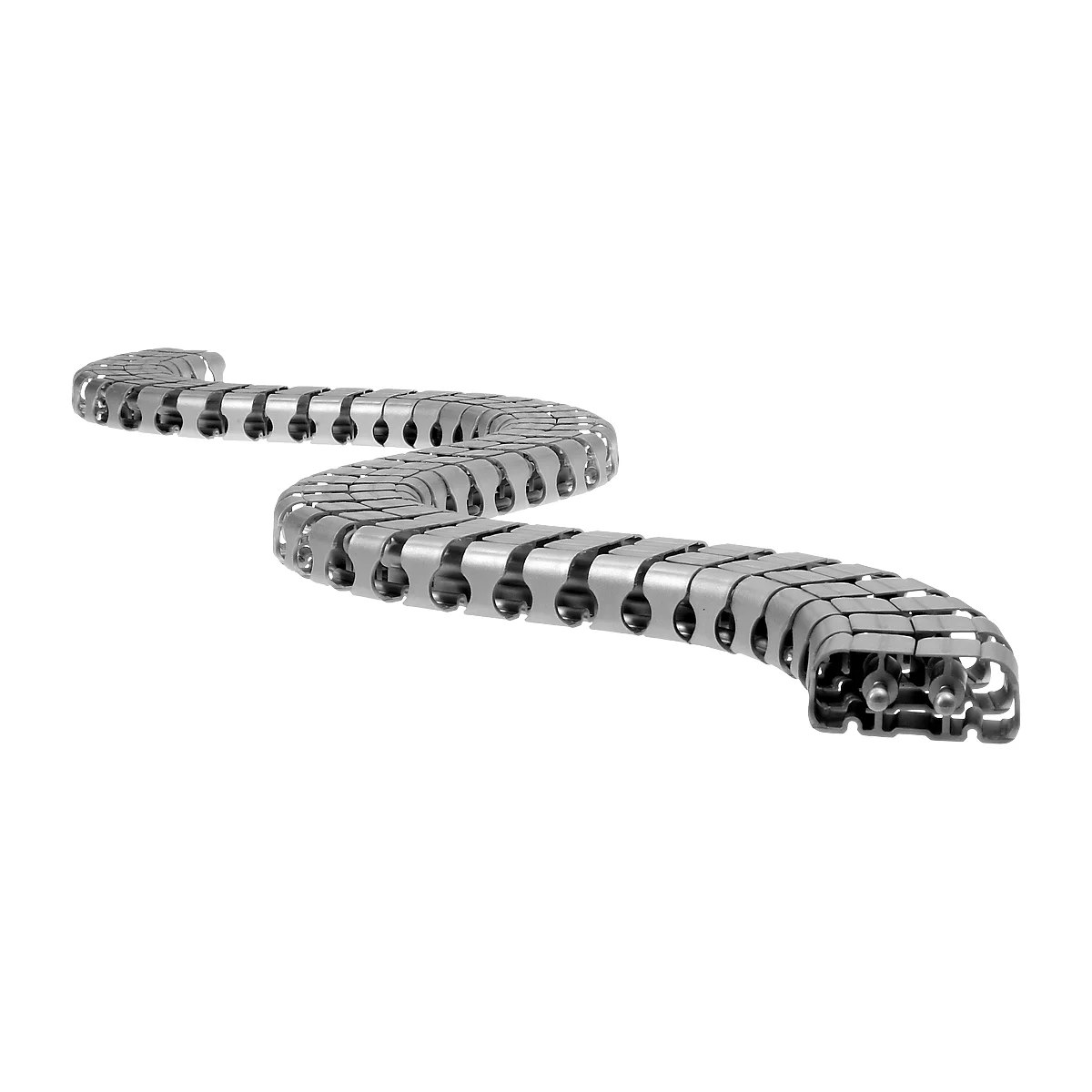 A winding metal cable channel, its shape resembling a snake.