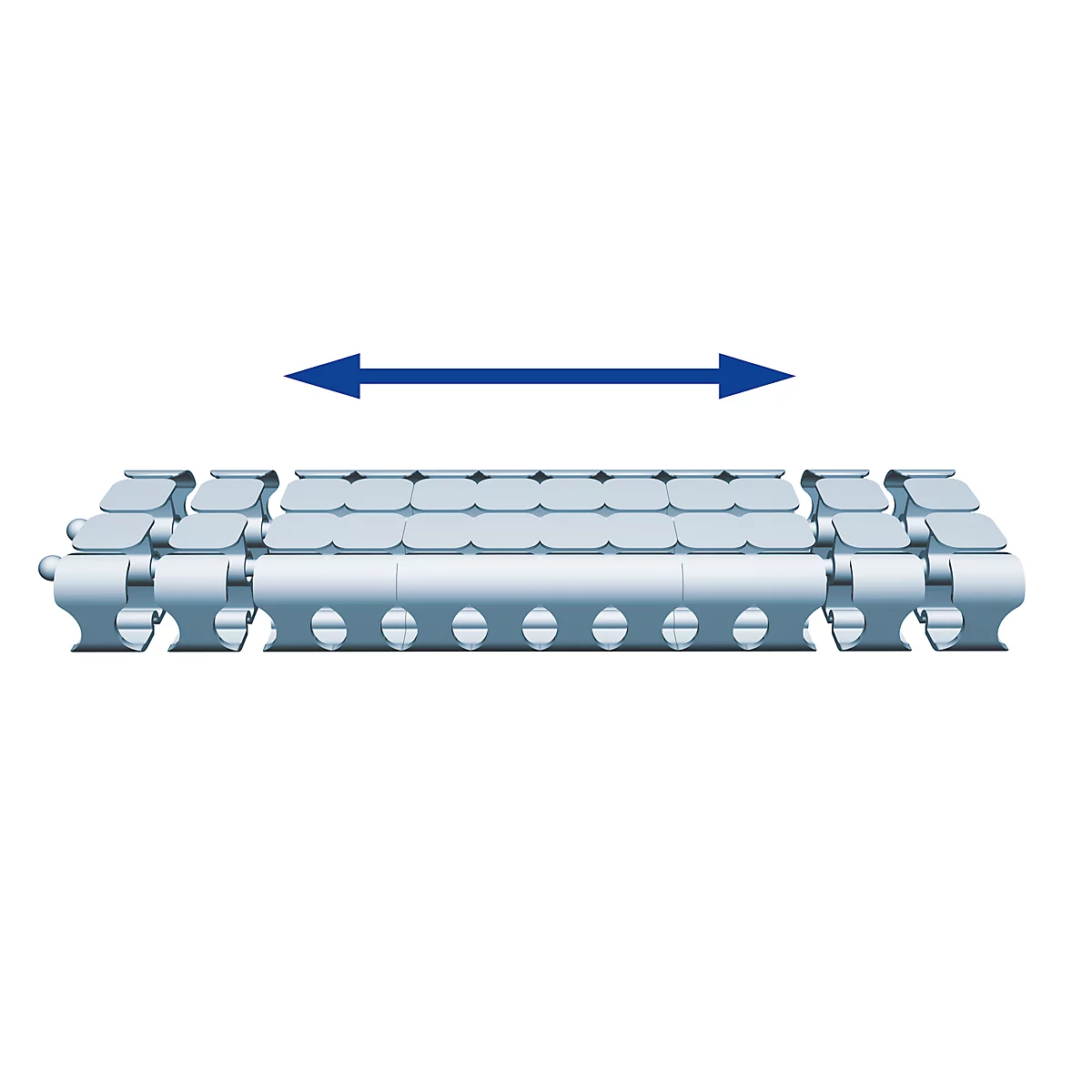 Image of a silver rolling chain with an arrow indicating the direction of movement.