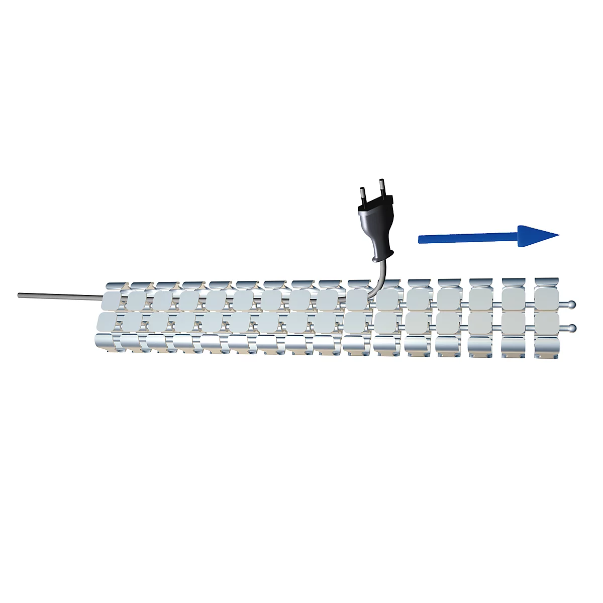 Gray chain with black plug, blue arrow indicates direction.