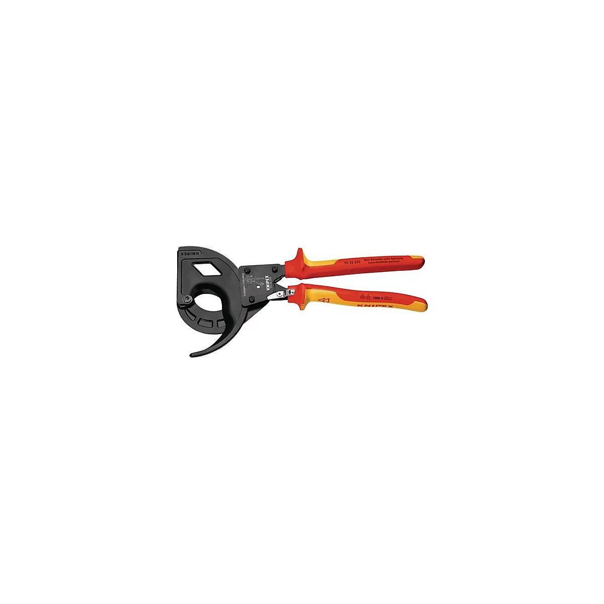 Zwarte, rode en gele kabelsnijder. Rood-gele handvatten, zwarte messen, opschrift 'KNIPEX'.