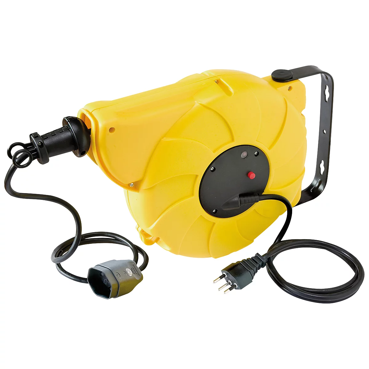 Gelbe automatische Kabeltrommel mit schwarzem Handgriff und drei Steckeranschlüssen, auf einem weissen Hintergrund.