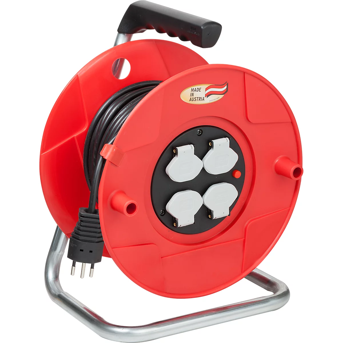 Kabeltrommel brennenstuhl® BAT ST 260, 4-fach, mit Überhitzungsschutz, Tragegriff, IP20, Kabellänge 50 m, Stahl und Kunststoff, rot-schwarz