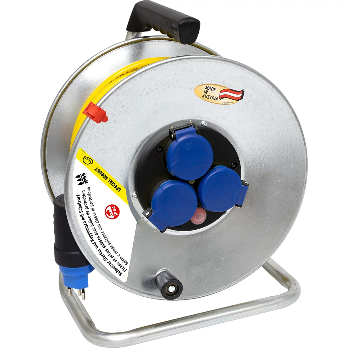 Kabeltrommel brennenstuhl® Garant SK 290, 3-fach, mit Überhitzungsschutz, Tragegriff, IP55, Kabellänge 33 m, Stahl und Kunststoff, gelb-silber
