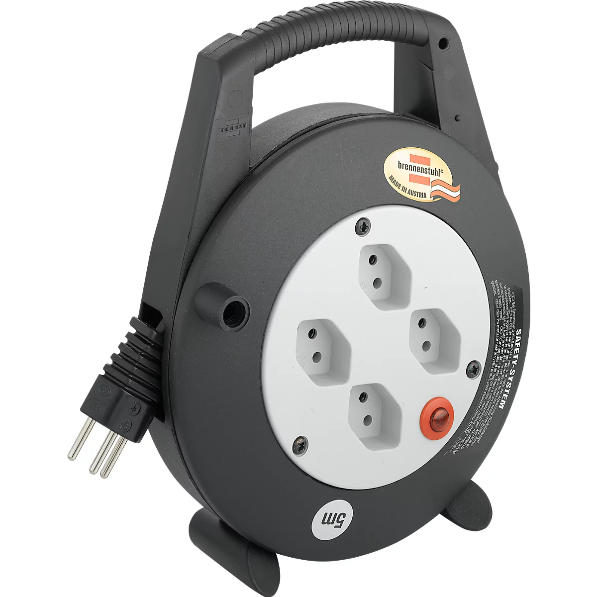 Kabeltrommel brennenstuhl® Vario Line, 4-fach, 5 m langes Kabel, Überhitzungsschutz, IP20, Tragegriff, L 70 x B 230 x H 240 mm, Spezialkunststoff, schwarz