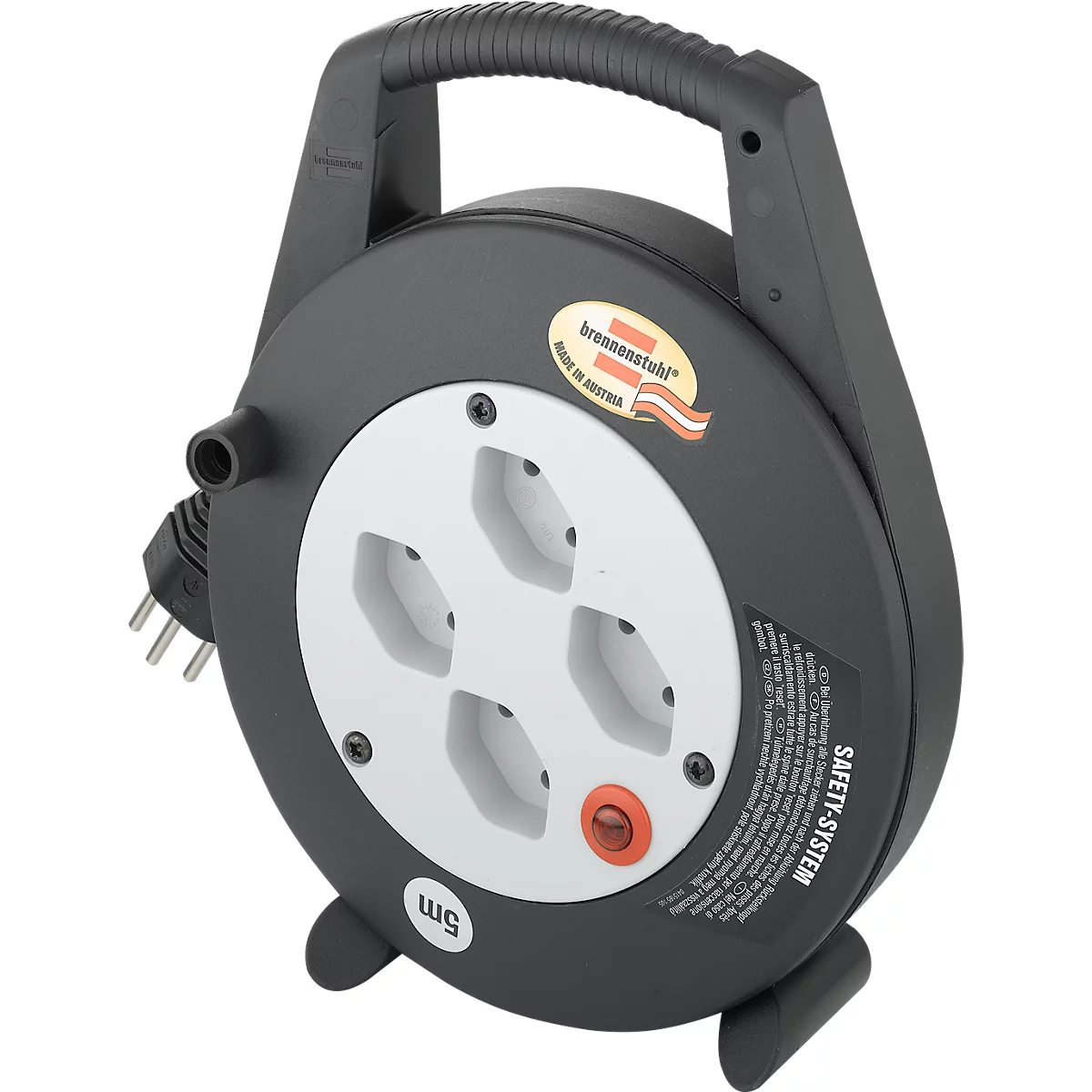 Kabeltrommel brennenstuhl® Vario Line, 4-fach, 5 m langes Kabel, Überhitzungsschutz, IP20, Tragegriff, L 70 x B 230 x H 240 mm, Spezialkunststoff, schwarz