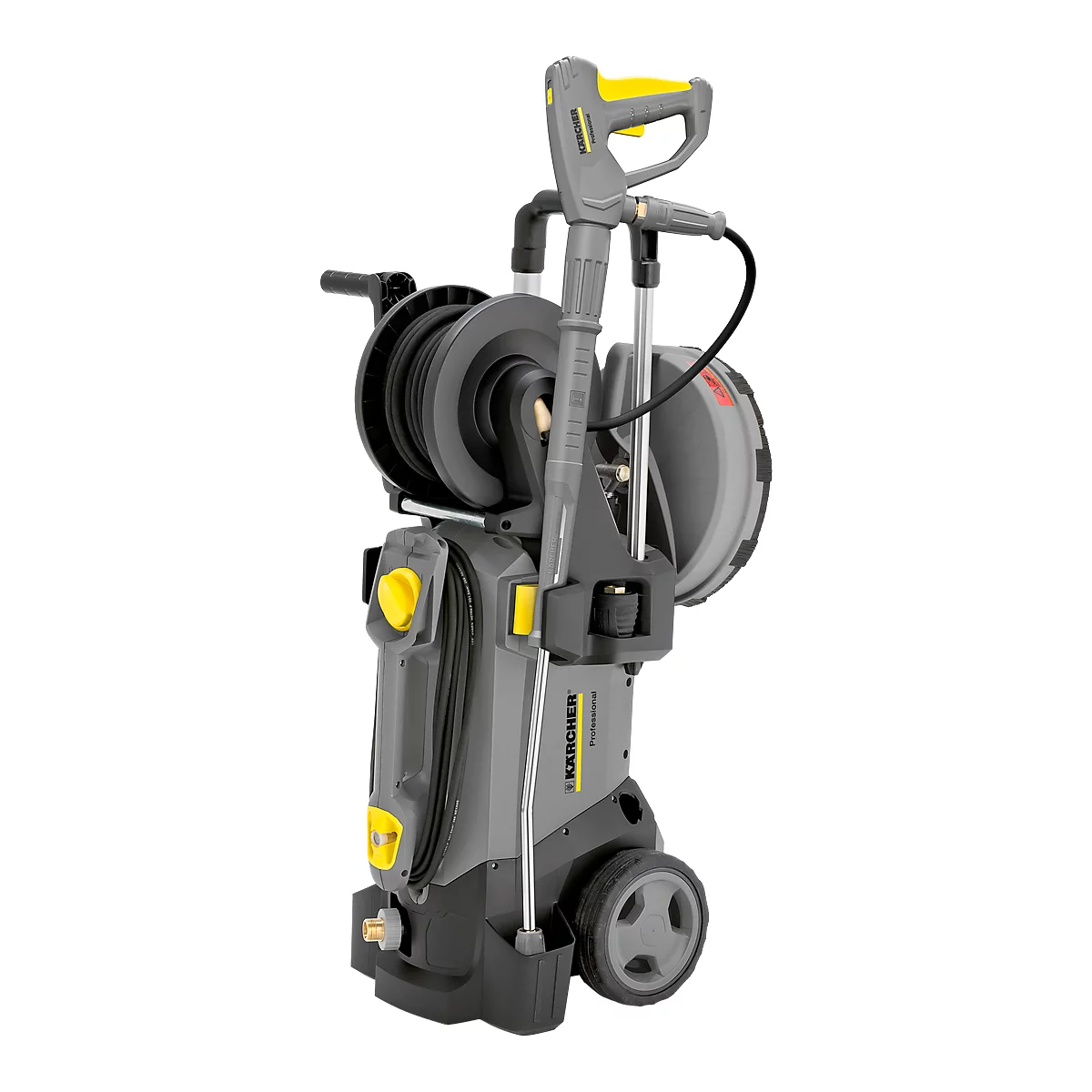 Gray high-pressure cleaner with yellow accents and hose reel. On wheels, with lance.