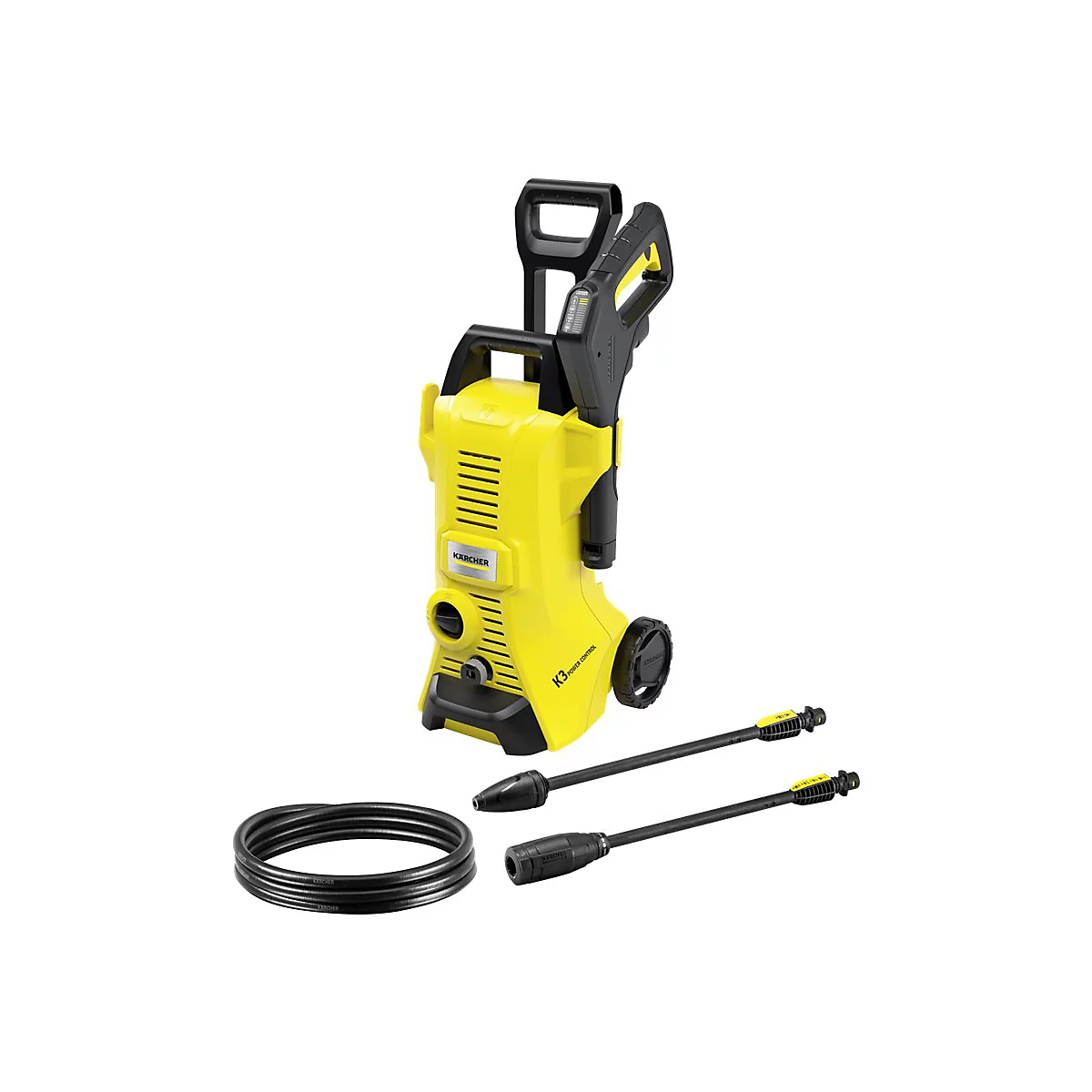 Gelber Kärcher K3 Power Control Hochdruckreiniger mit Zubehör vor weißem Hintergrund.