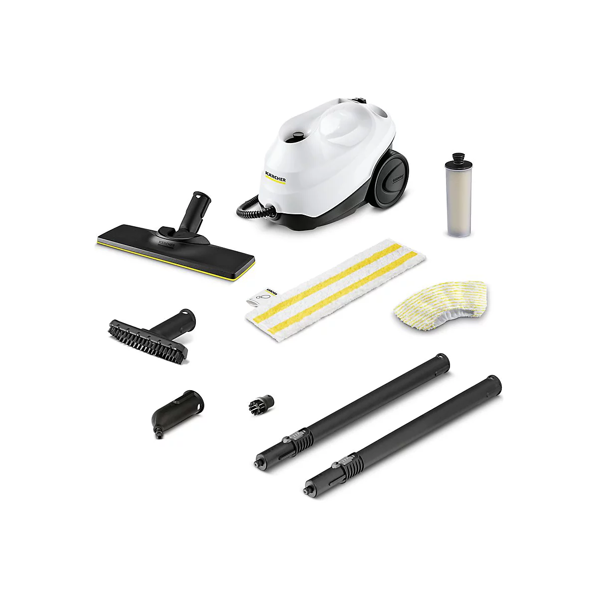 Kärcher Dampfreiniger Set mit Gerät, Bodendüse, Verlängerungsrohren, Aufsätzen und Wischtüchern vor weißem Hintergrund.