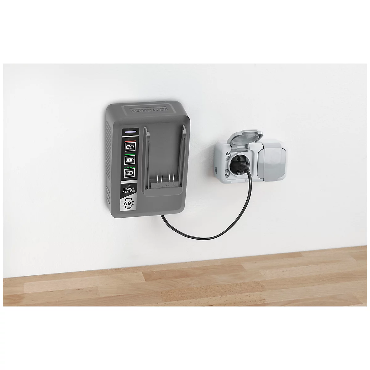 Kärcher Schnellladegerät Battery Power+ 36/60, kabelgebunden, für Kärcher Wechselakkus mit 36 V, Ladestrom 6 A, LED-Anzeige, inkl. Wandhalterung, grau
