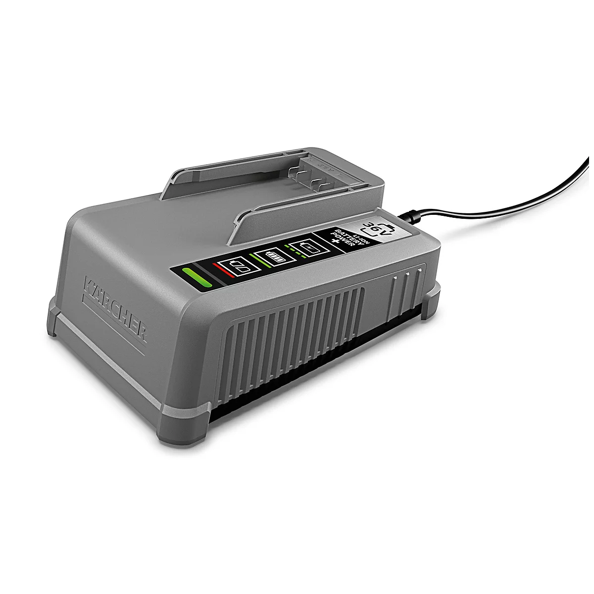 Kärcher Schnellladegerät Battery Power+ 36/60, kabelgebunden, für Kärcher Wechselakkus mit 36 V, Ladestrom 6 A, LED-Anzeige, inkl. Wandhalterung, grau