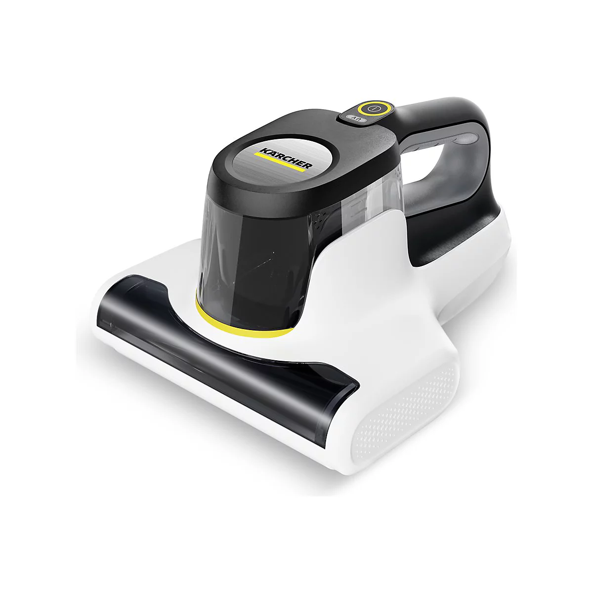 Kärcher Milbensauger in Weiß und Schwarz mit ergonomischem Handgriff vor neutralem Hintergrund.