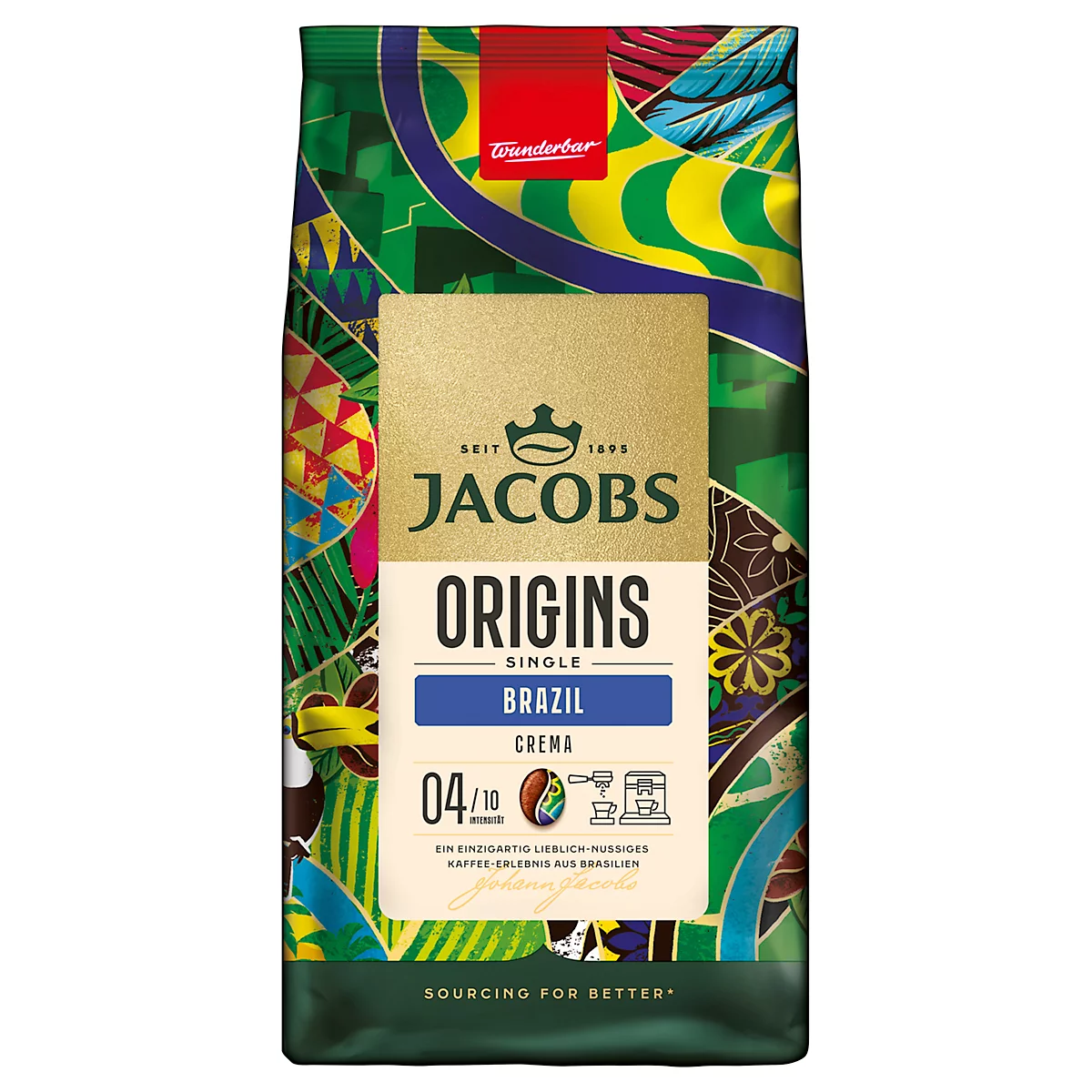 Kaffeepackungen im Karton. Jacobs Origins Brazil. Grüne Verpackungen mit Muster, goldene Schrift. Anzeige von Kaffeebohnen und Kaffeemaschine.