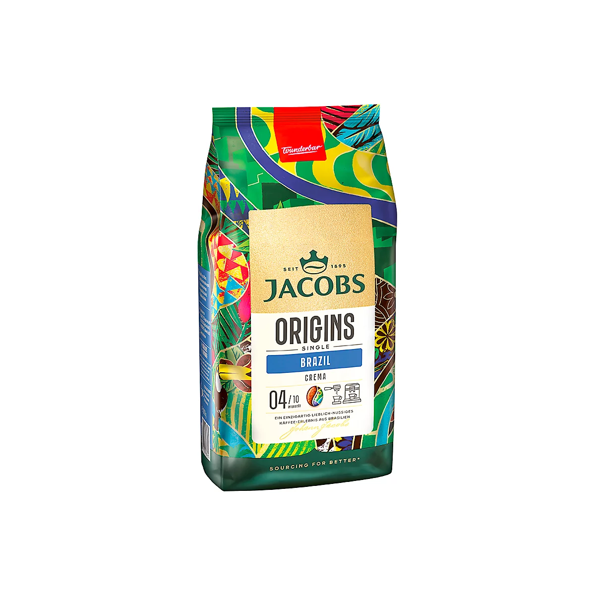 Jacobs Origins Kaffeebeutel, goldfarbenes Etikett mit Infos und Logo, bunte Verzierungen.