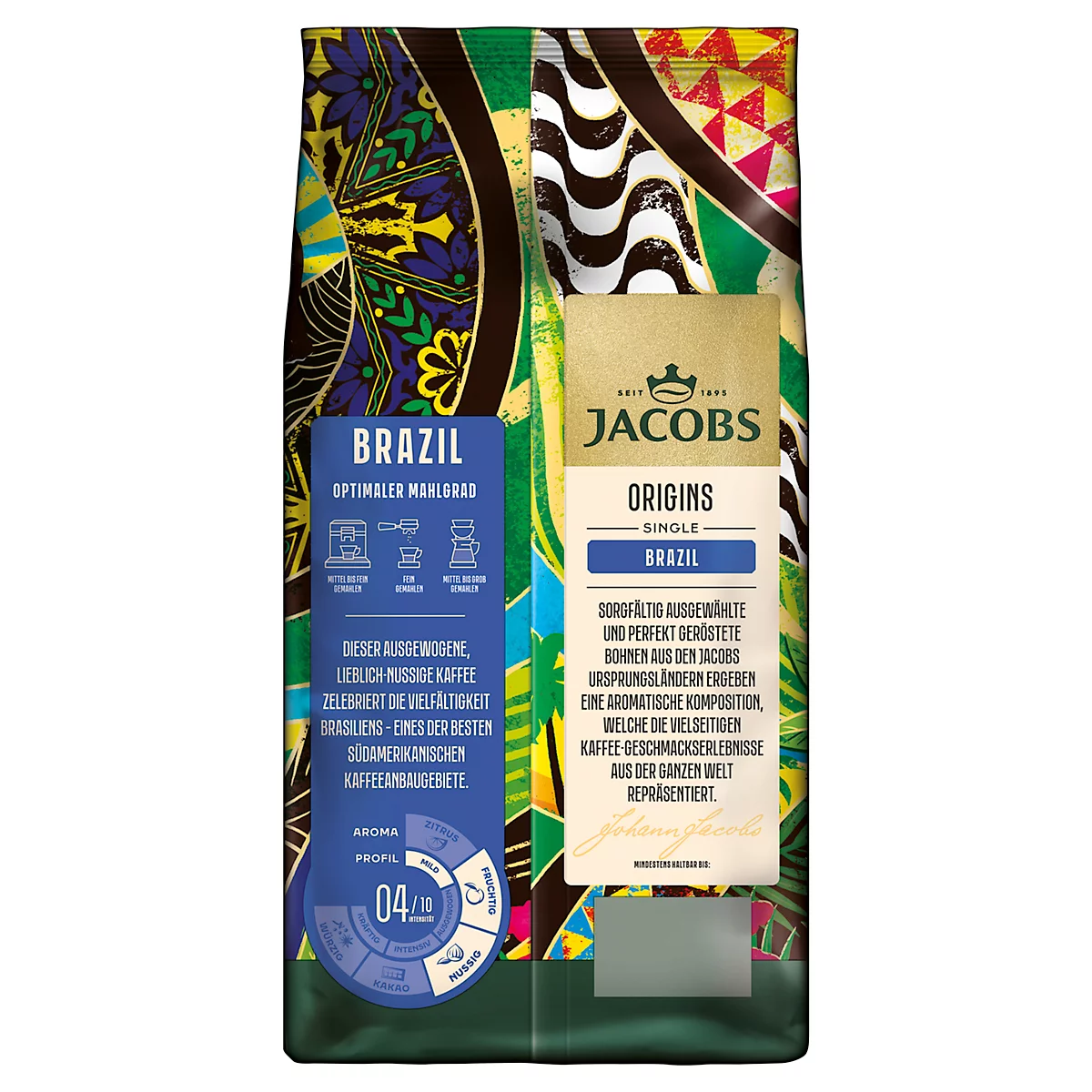 Kaffeepackung "Jacobs Origins Brazil". Aufdrucke: "Brazil", "Optimale Mahlgrad", "Aroma Profil 04/10".