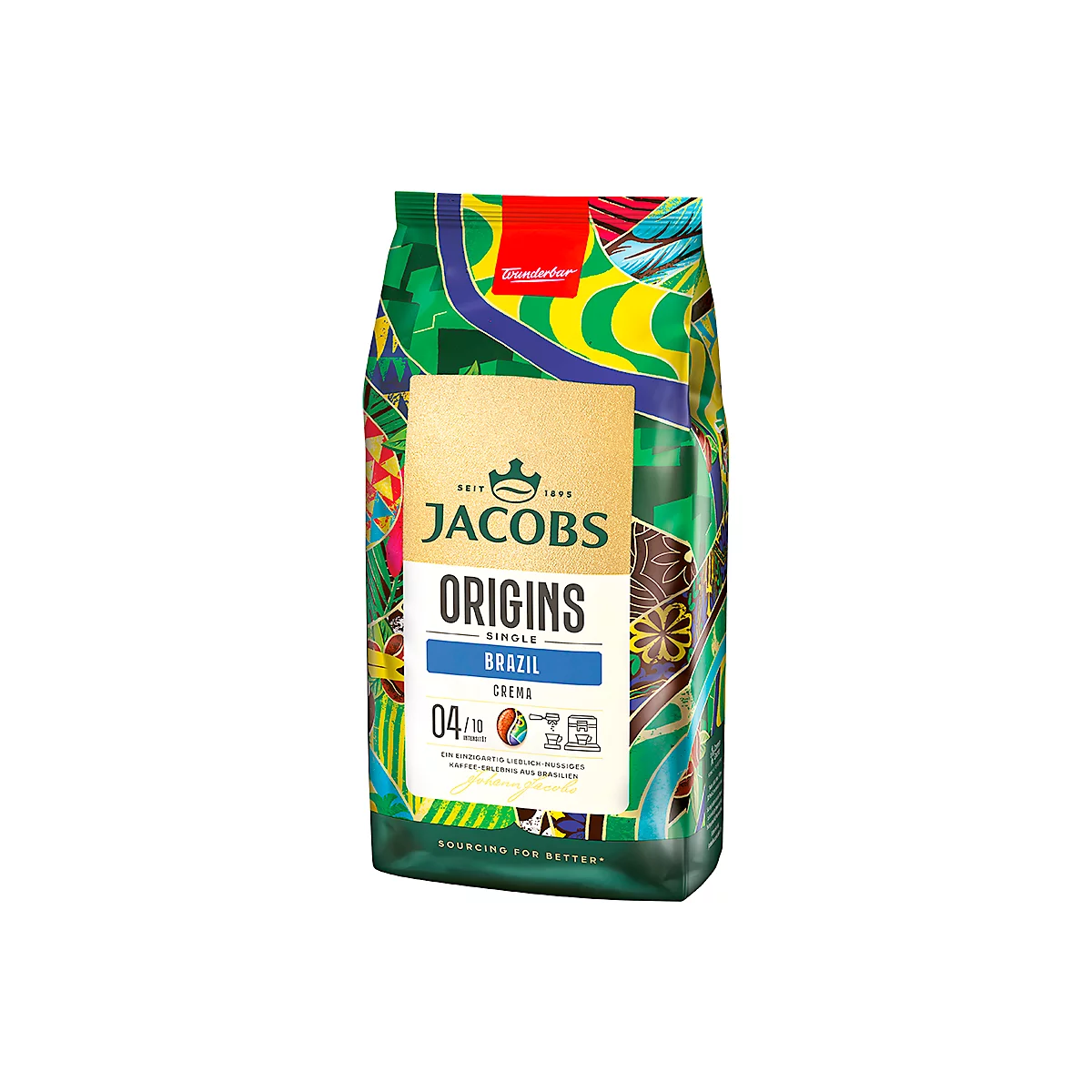 Kaffeepackung von Jacobs Origins Brazil mit floralem Muster, blauem Schriftzug und Kaffeebild. Aufschrift: "Crema".