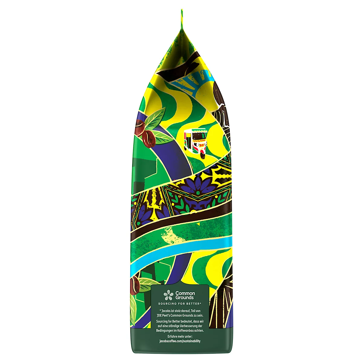 Kaffeebohnen-Packung mit bunten Designs. Textdetails auf blauem Hintergrund.