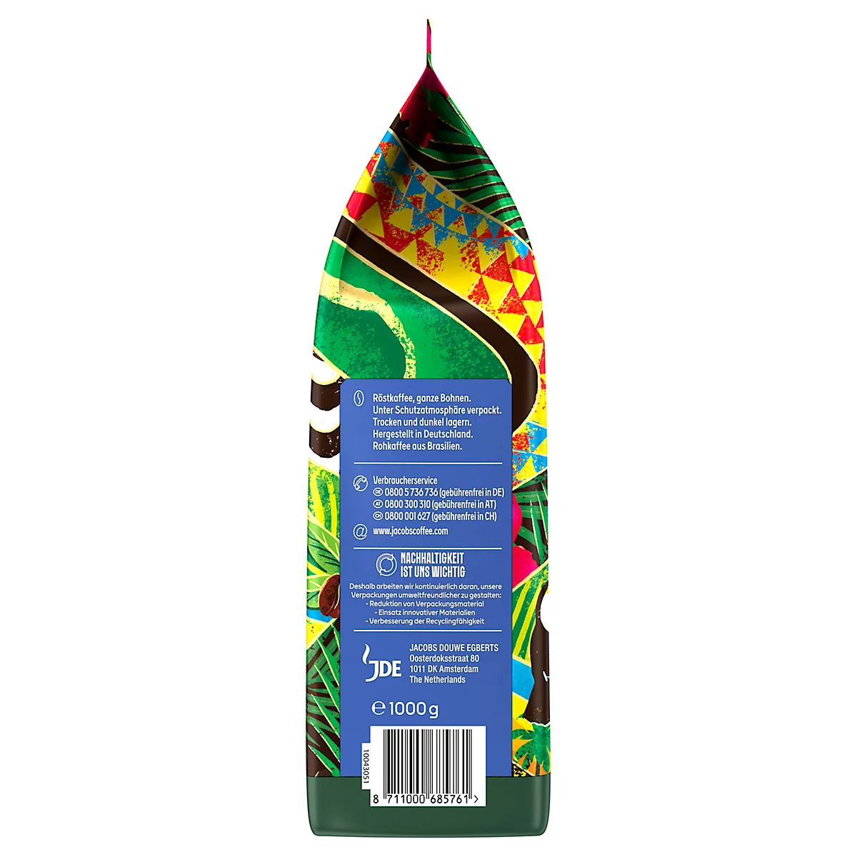 Eine Kaffeepackung von Jacobs Origins Brazil, mit blau-gelbem Design. Schriftzug "Brazil" und Produktbeschreibung.