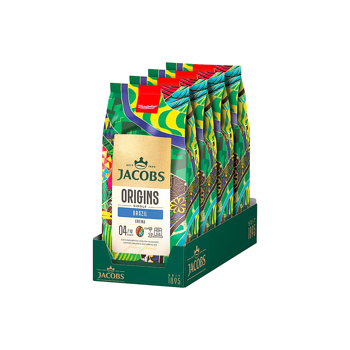 Eine Kaffeepackung von Jacobs Origins mit der Aufschrift "Brazil Crema". Daneben weitere Packungen in einer grünen Box.