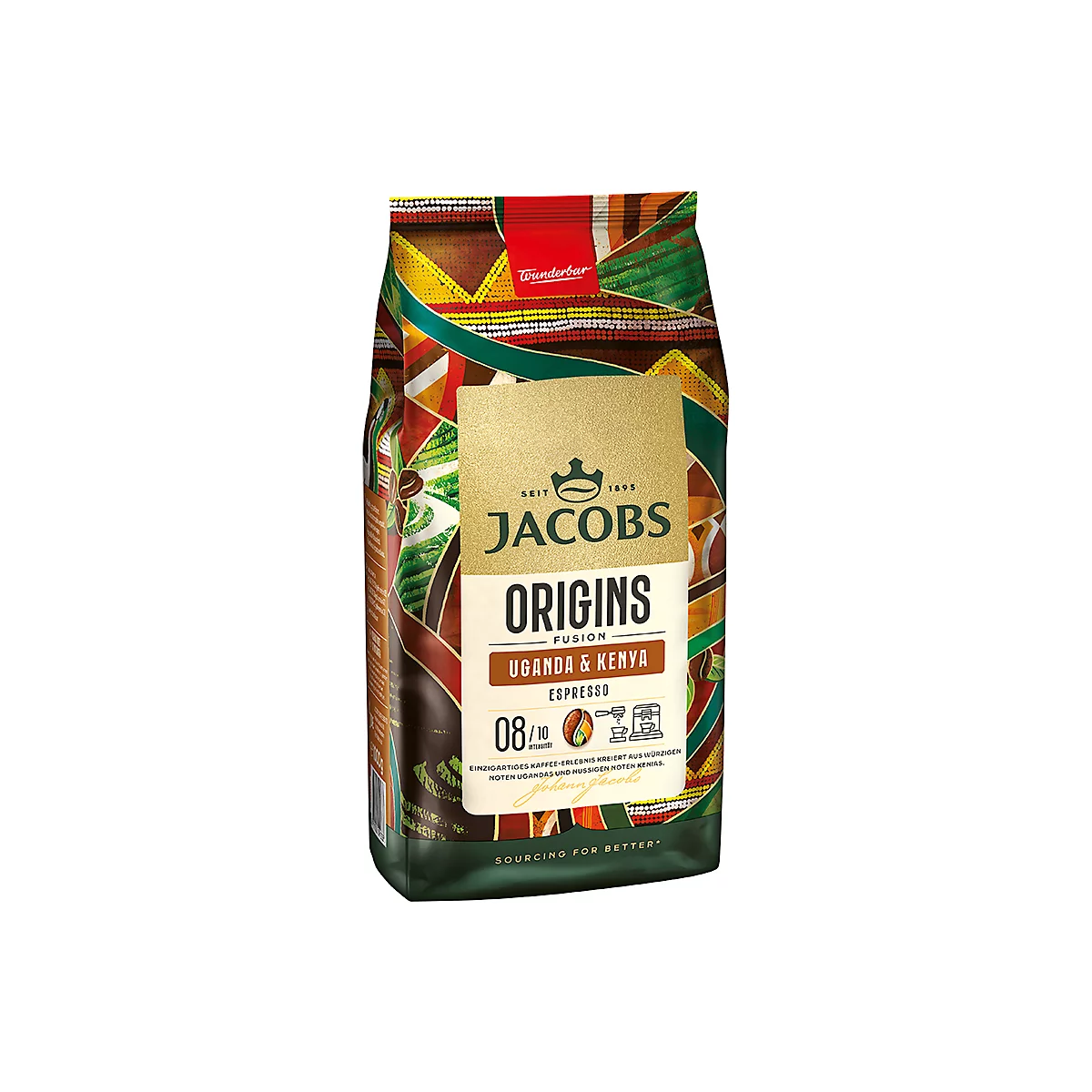 Kaffeepackung von Jacobs Origins, Uganda & Kenya Espresso. Bunte, gemusterte Verpackung mit Logo, Produktbezeichnung und Bewertung.