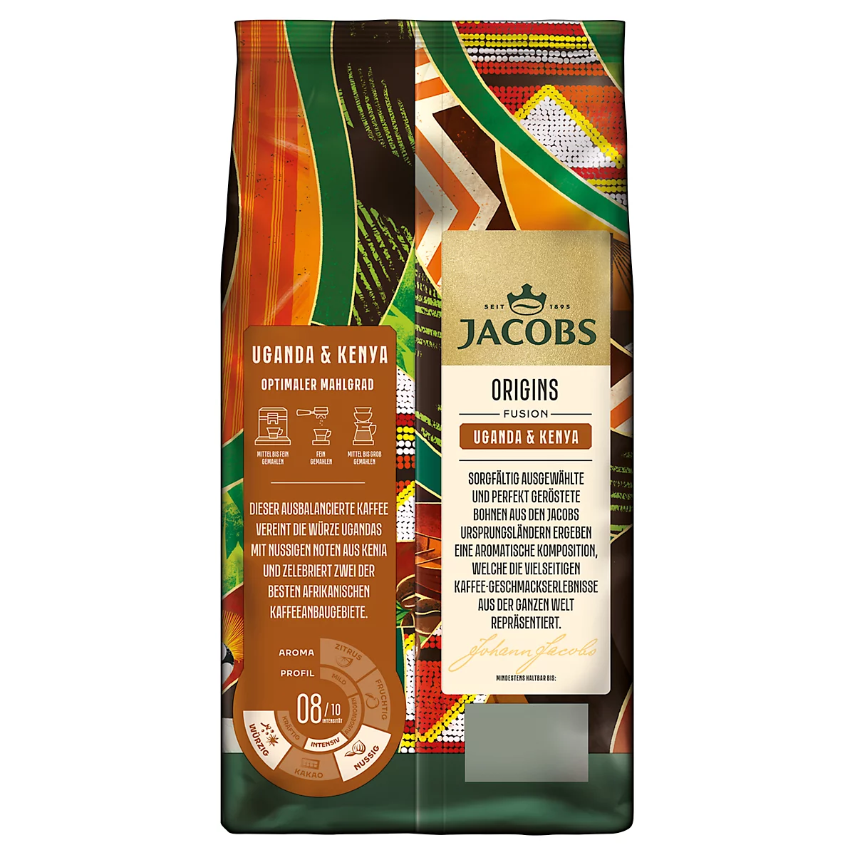 Kaffeepackung mit Jacobs Origins Uganda & Kenya. Braune Packung mit Text und Logo. Aufkleber mit Aromaprofil.