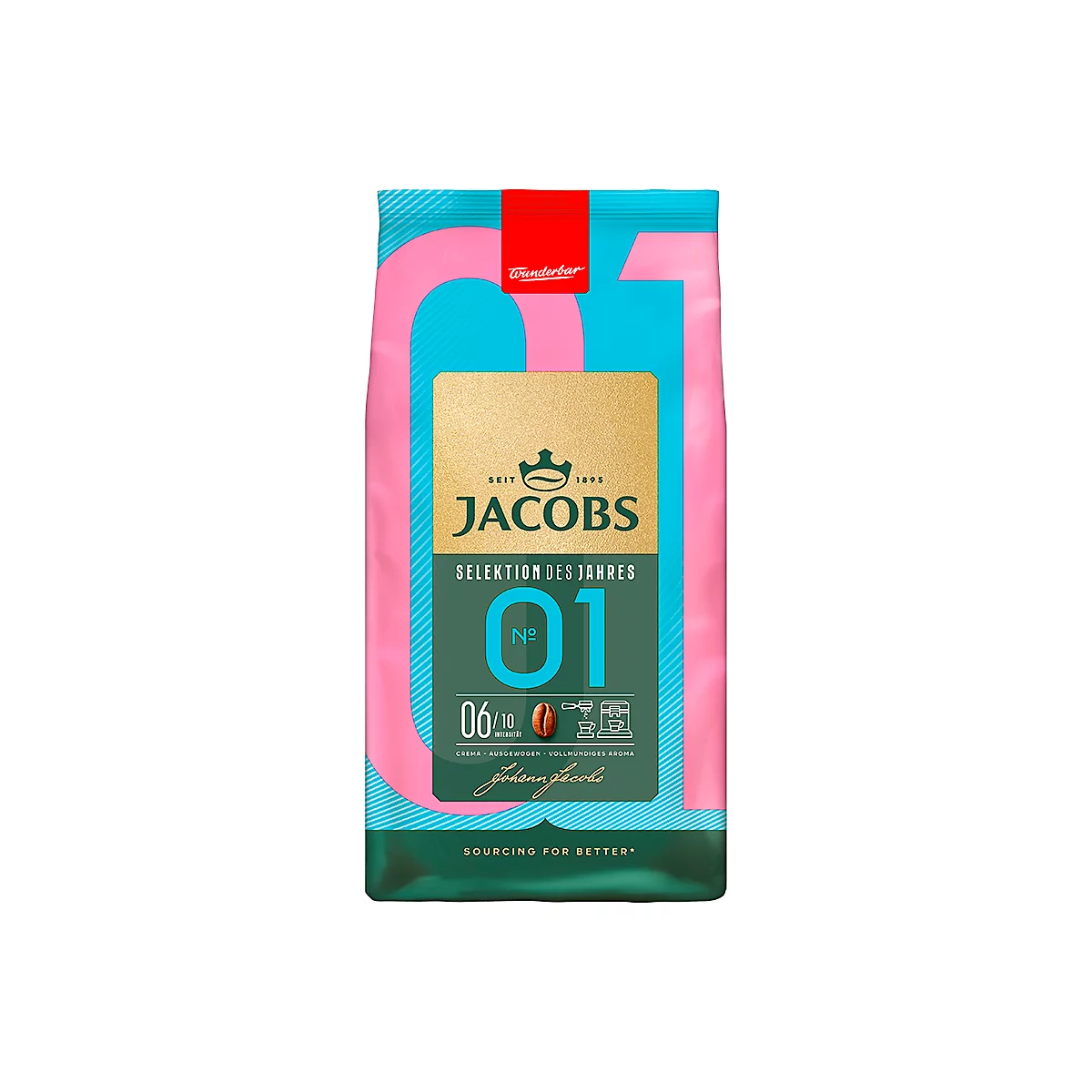 Kaffeepackung mit "JACOBS Selektion des Jahres 01". Rosa, türkise und goldene Akzente.