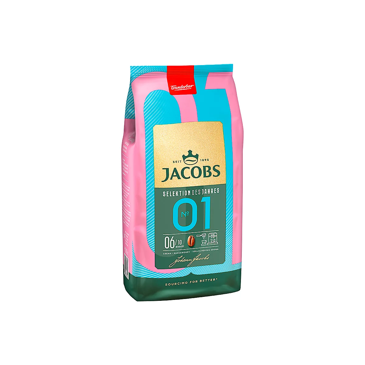 Verpackung Jacobs Kaffee, pink, türkise Elemente, gelbes Logo mit Schriftzug. Bezeichnung Selektion des Jahres, No. 01. Text Johann Jacobs.