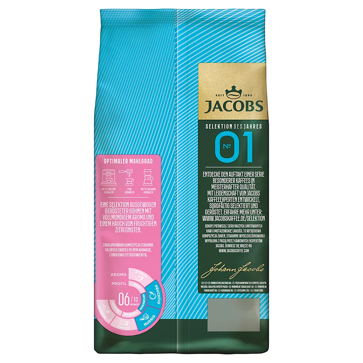 Eine Kaffeeverpackung in Türkis und Braun, mit Text: Jacobs Selektion des Jahres, Nummer 01. Aufdrucke zu Aroma und Profil.