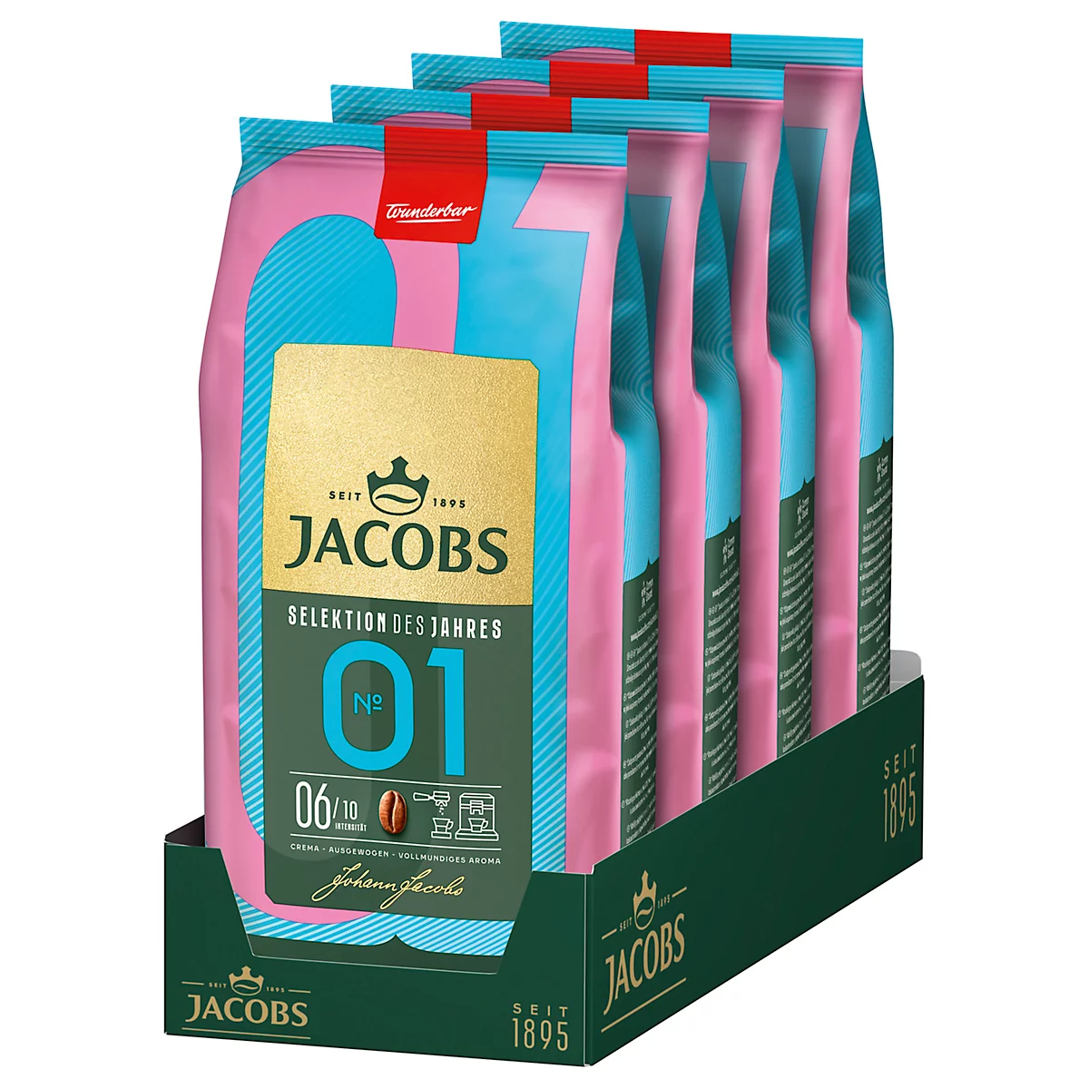 Rosa-blaue Kaffeepackung mit Jacobs-Logo. "Selektion des Jahres 01" mit Kaffeebohne-Icon.