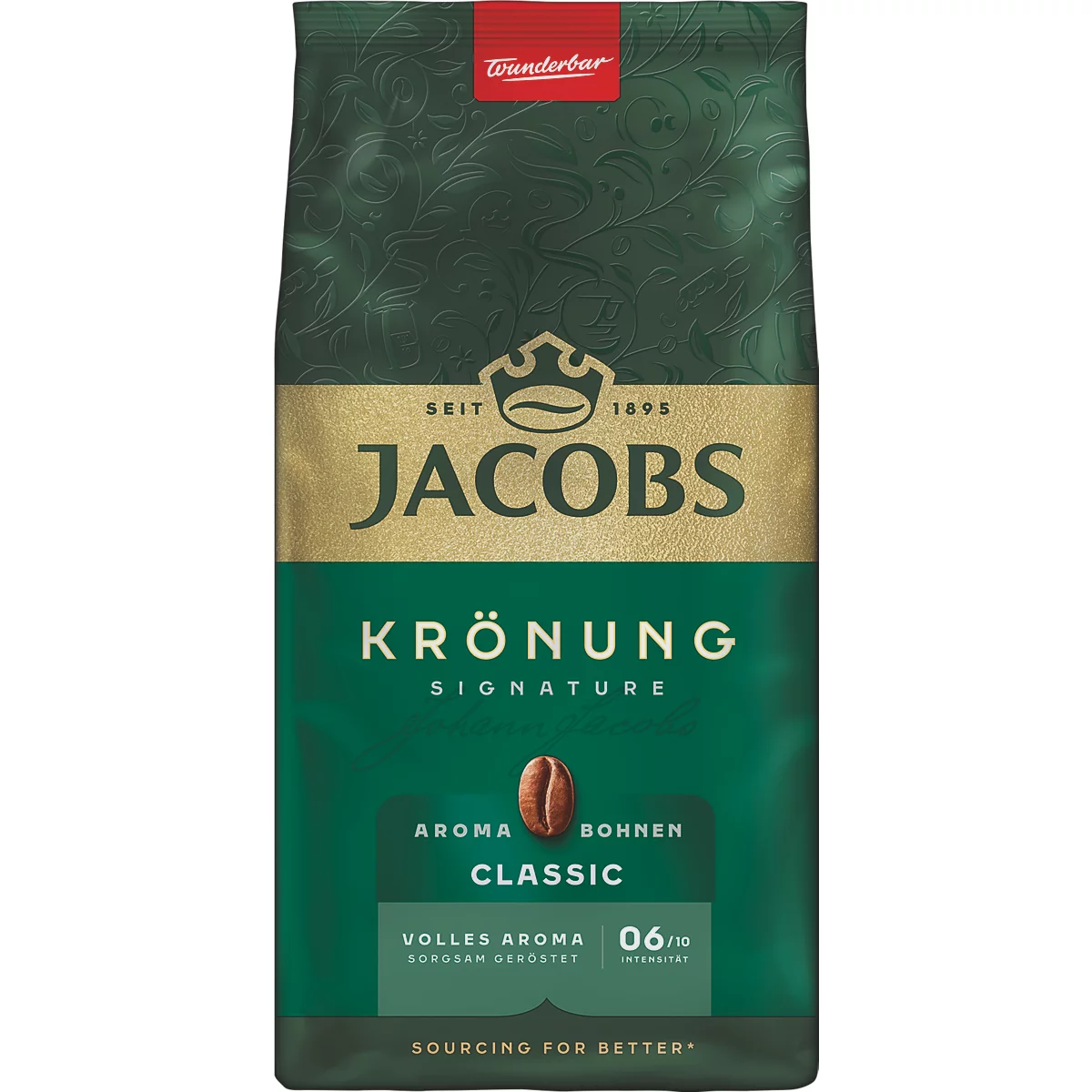 Dunkelgrüne Kaffeepackung, goldfarbener Schriftzug JACOBS, 'KRONUNG' und Textinformationen. Aufdruck: 'VOLLES AROMA'.