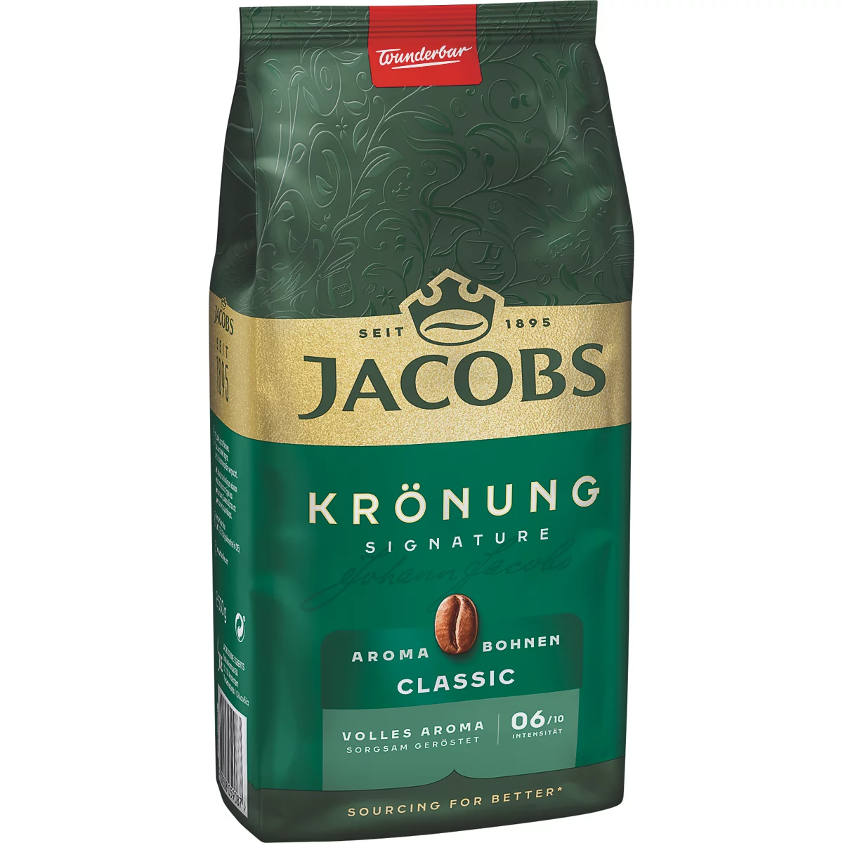 Grüne Kaffeepackung mit Aufschrift Jacobs Krönung, Kaffeebohne und Text.