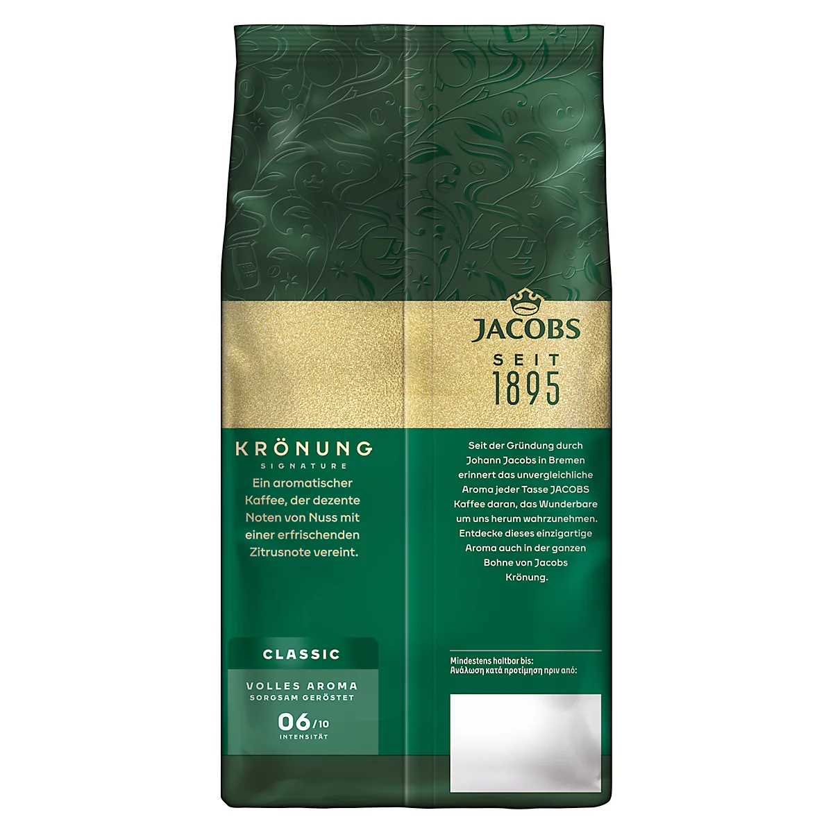Dunkelgrüne Kaffeepackung von Jacobs, mit goldfarbenem Hintergrund und Schriftzügen. Text: Jacobs Krönung Classic, volles Aroma.