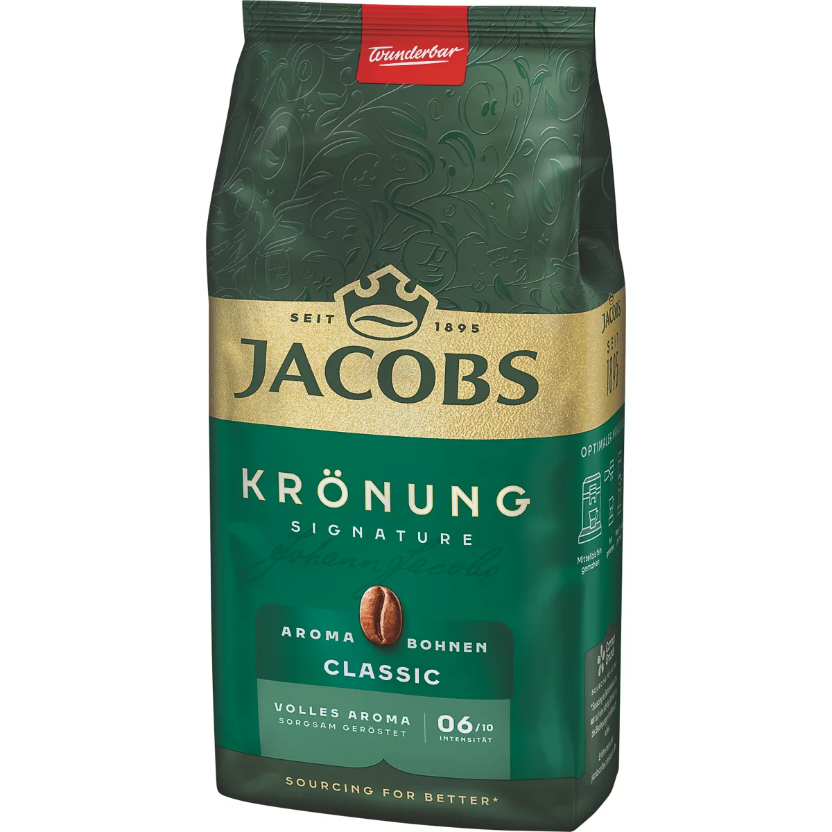 Kaffeepackung Jacobs Krönung Classic. Dunkelgrün, golden und braun, mit Schriftzügen, einer Kaffeebohne und dem Jacobs-Logo.