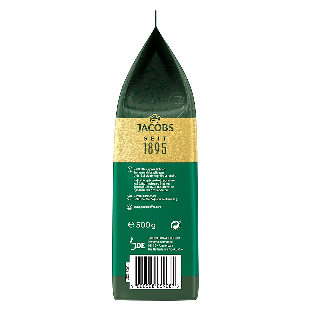 Verpackung von Jacobs Kaffee, grüne und goldfarbene Aufmachung, mit Text. 