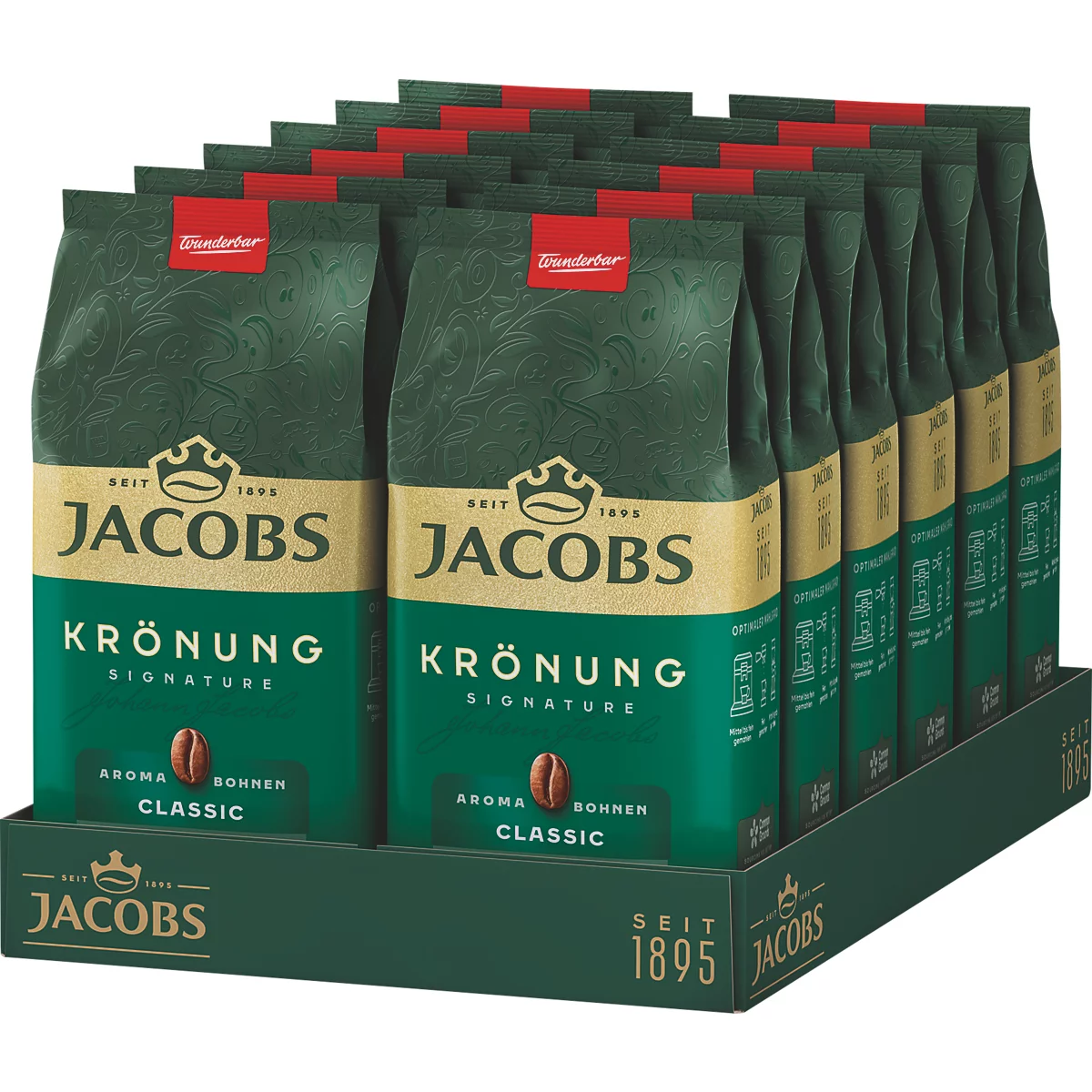Dunkelgrüne Kaffeepackungen der Marke Jacobs Krönung in einem Display. Aufschrift: Aroma Bohnen, Classic. Das Display zeigt die Marke Jacobs und das Gründungsjahr.