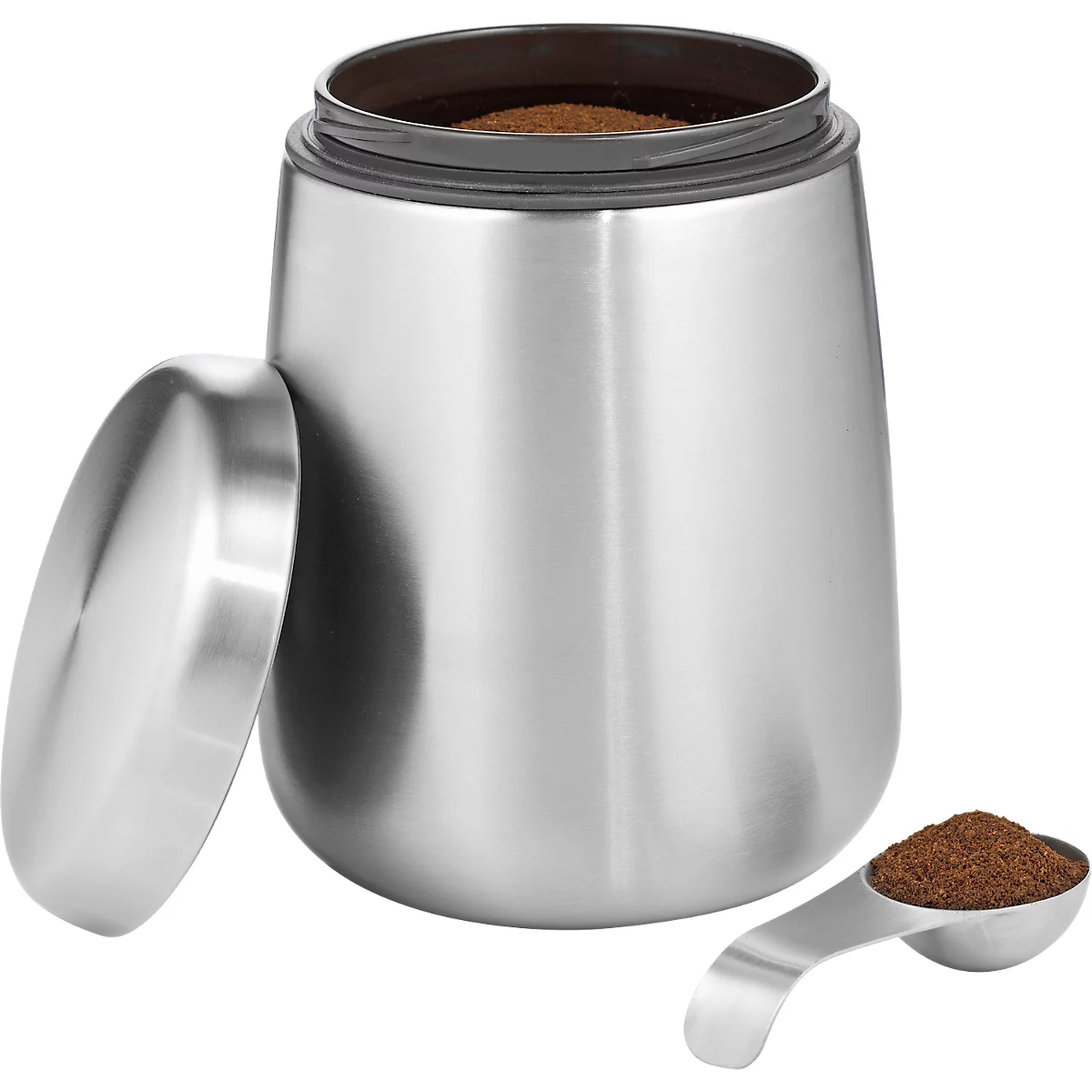 Kaffeedose Caterado AVIGNON, rund, Volumen 1,5 l, luftdichter Schraubverschluss, Portionierlöffel, Ø 125 x H 170 mm, Edelstahl/Kunststoff, silber