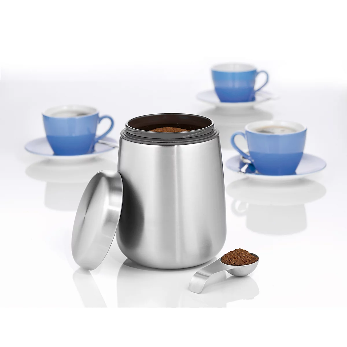 Kaffeedose Caterado AVIGNON, rund, Volumen 1,5 l, luftdichter Schraubverschluss, Portionierlöffel, Ø 125 x H 170 mm, Edelstahl/Kunststoff, silber