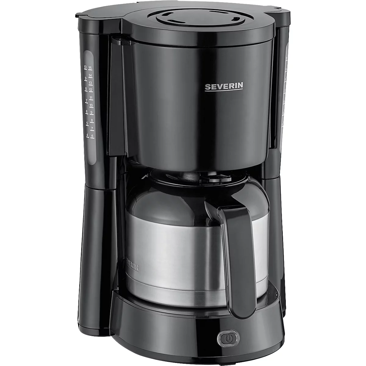 Schwarze Kaffeemaschine von Severin. Kanne mit Griff und Edelstahl Isolierung. Seitlich Wasserstandsanzeige.