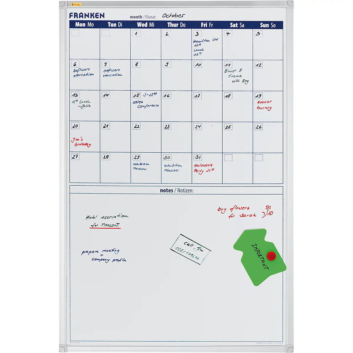kalender X-tra!Line VO-18, maandoverzicht met notitieveld, magnetisch, B 600 x H 900 mm, staal en aluminium, wit